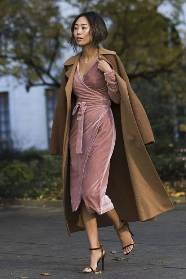 Blush Pink Velvet Wrap Dress Under a Camel Wool Coat — Winter Wedding Guest Outfits