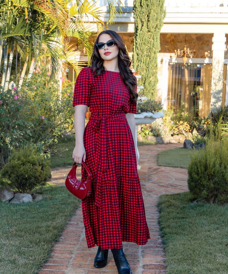 Gingham Midi Dress with Belted Waist for a Classic Church Look — Winter Church Outfits