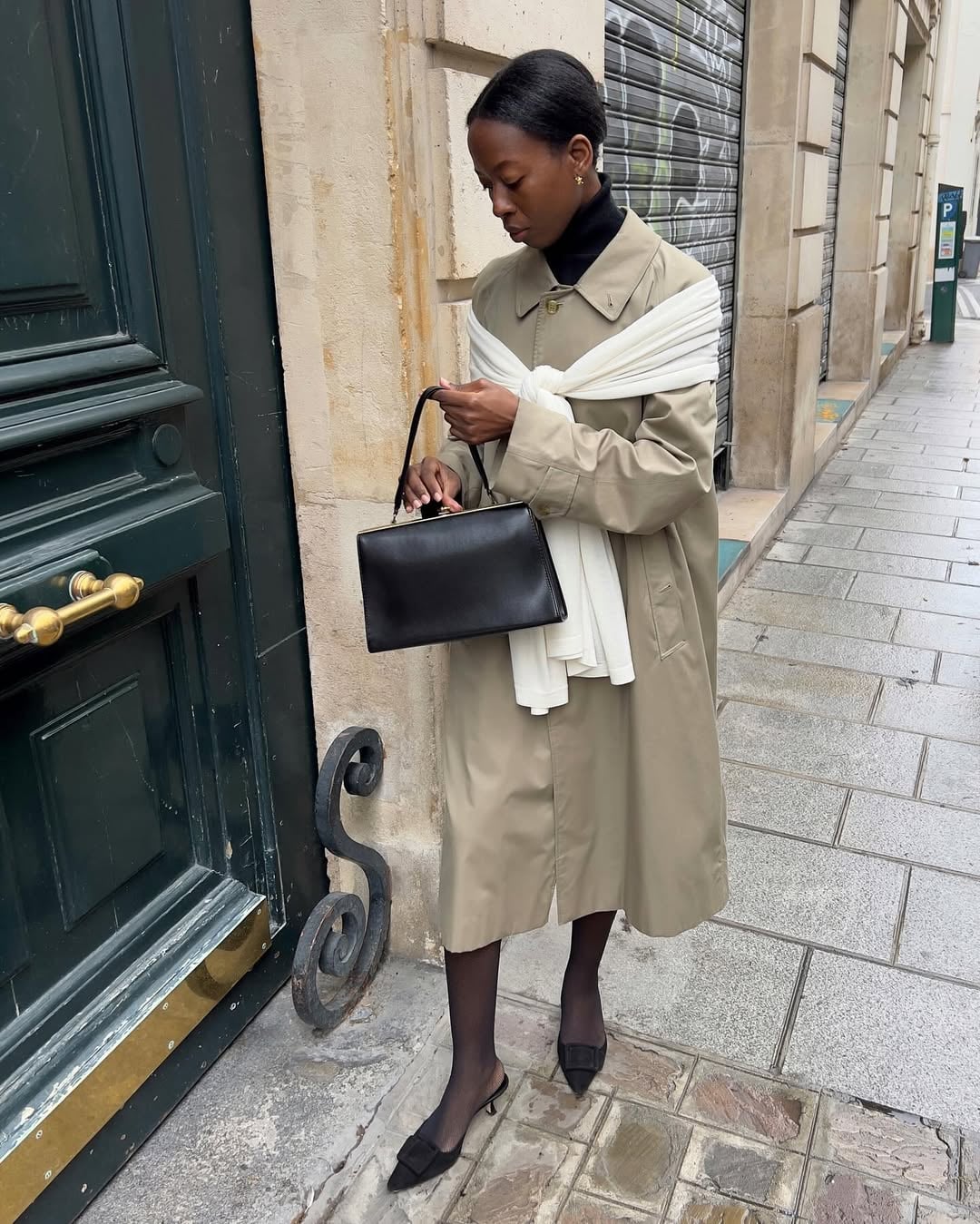 Beige Trench Coat Layered Over Black Turtleneck for Chic Winter Style — Winter Business Casual Outfits