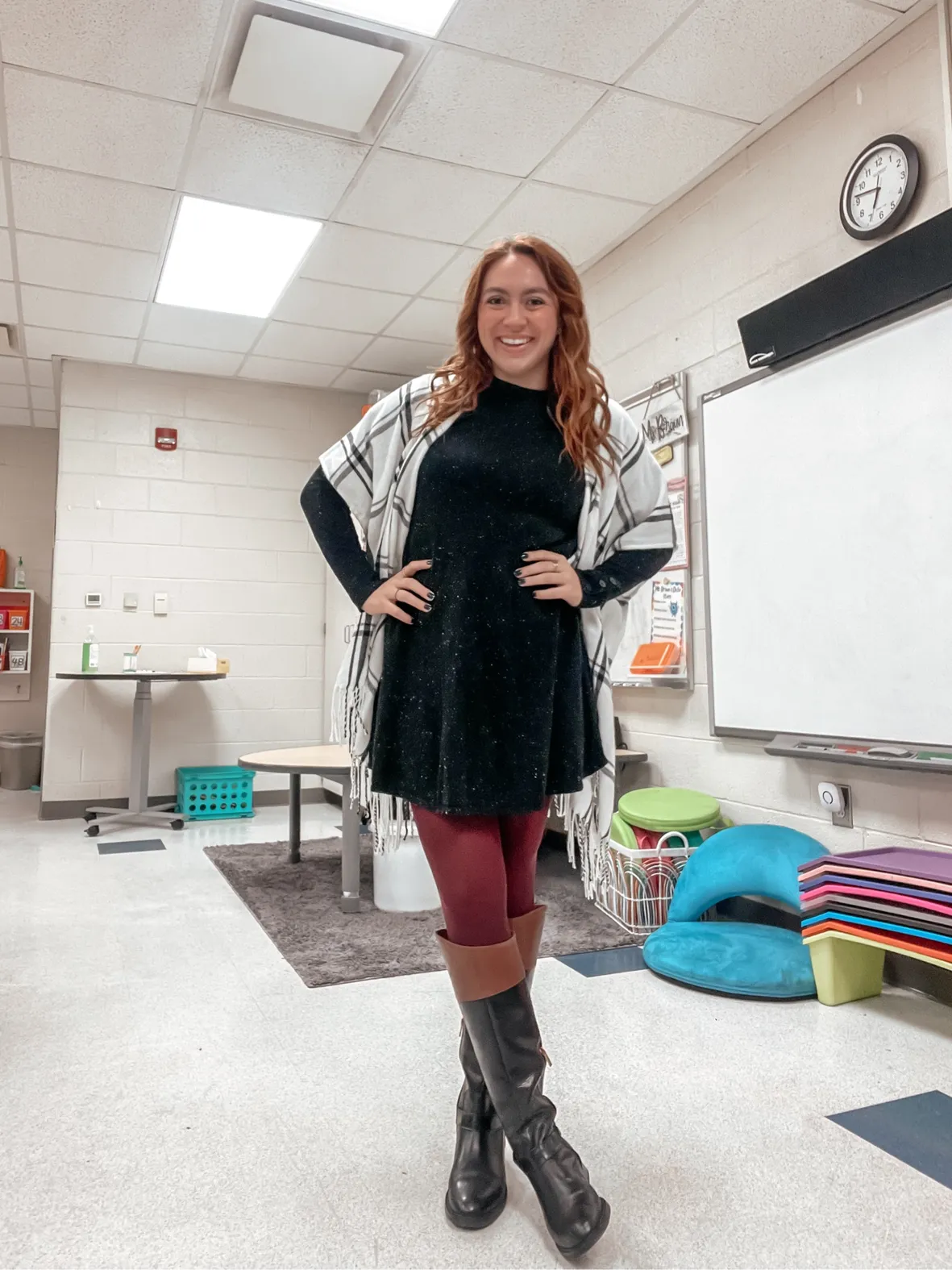 Plaid Poncho Layered Over Dress for a Festive Winter Look — Winter Teacher Outfits