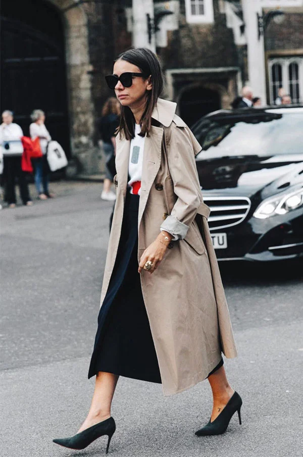 Beige Trench Coat Over Graphic Knit and Midi Skirt — Winter School Outfits