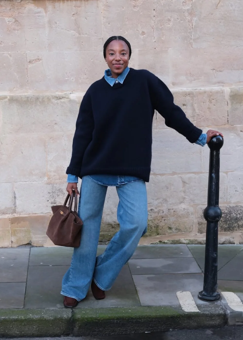 Layered Denim Shirt and Navy Sweater — Winter School Outfits