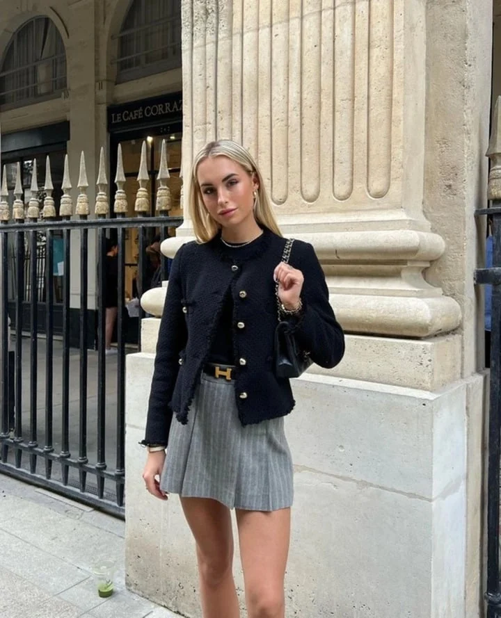 Black Tweed Jacket with Pinstripe Shorts and Gold Belt — Winter School Outfits
