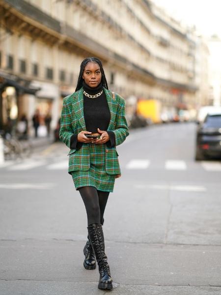 Green Plaid Tweed Blazer with Mini Skirt and Turtleneck — Winter School Outfits