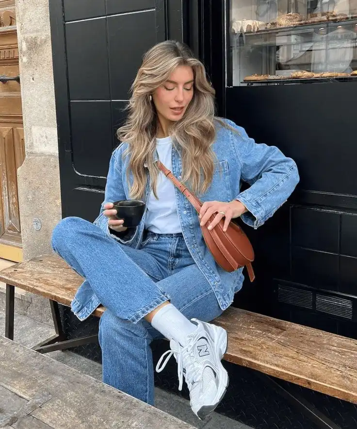 Denim-on-Denim with White Sneakers — Winter School Outfits