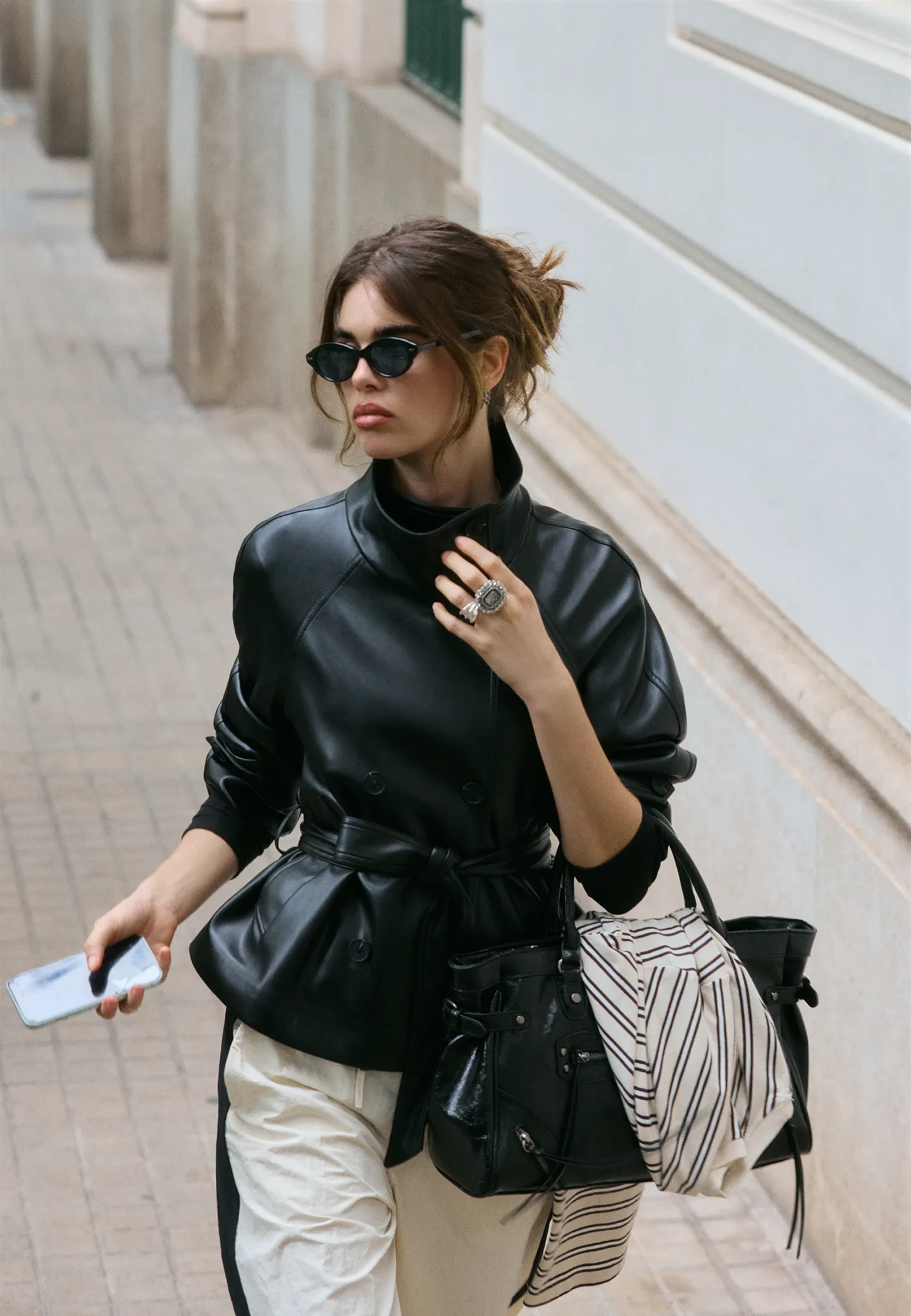 Belted Leather Peplum Jacket with Cream Trousers for an Evening Concert — Winter Concert Outfits
