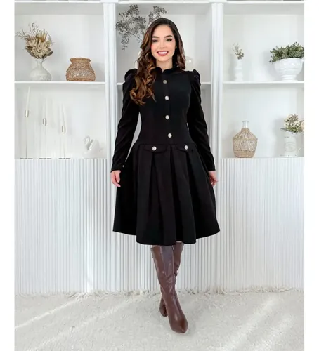 Button-Front Midi Dress with Puff Sleeves for Church — Winter Church Outfits