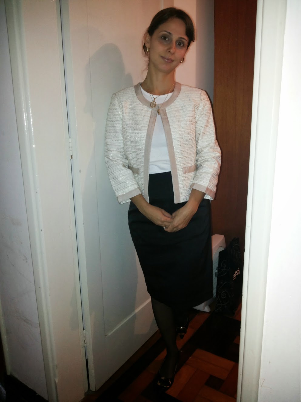 Textured Jacket and Pencil Skirt for a Refined Church Look — Winter Church Outfits