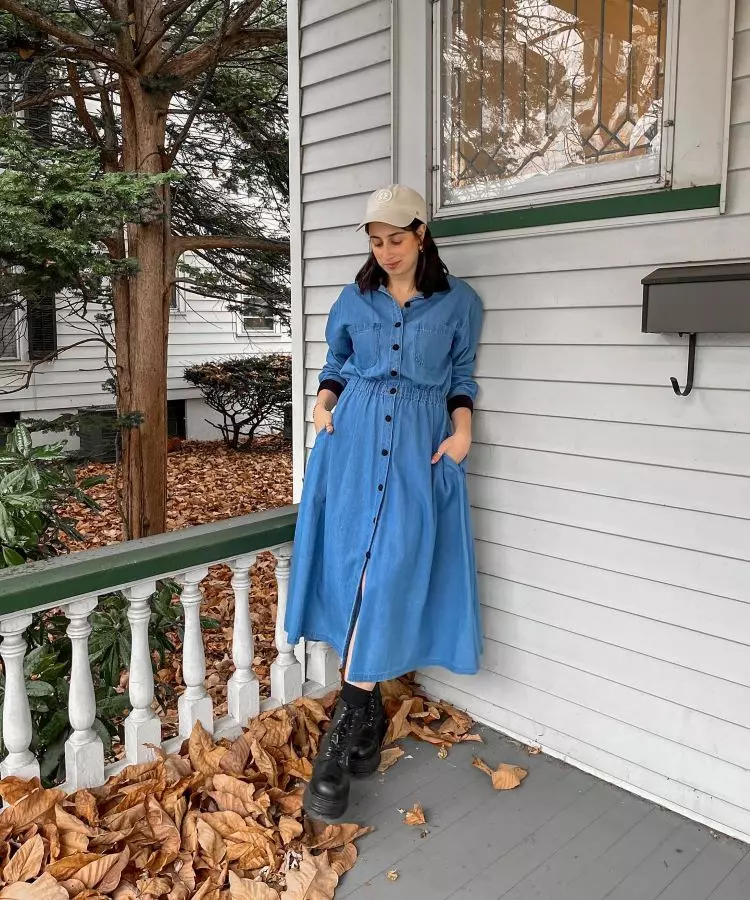 Denim Midi Dress with Combat Boots for a Modest Winter Church Style — Winter Church Outfits
