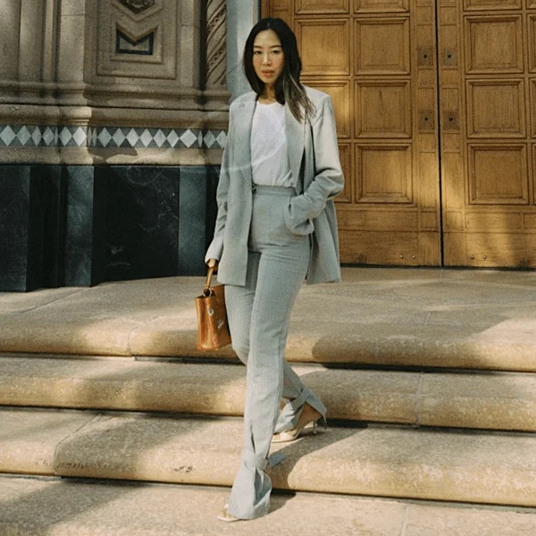 Monochromatic Grey Suit with Split Hem Trousers for Church — Winter Church Outfits