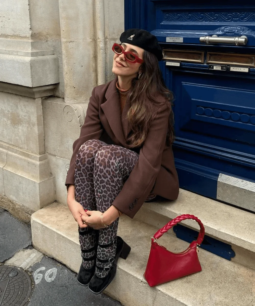 Wool Blazer with Leopard Tights and Red Accents Wool Blazer with Leopard Tights and Red Accents — Winter Photoshoot Outfits