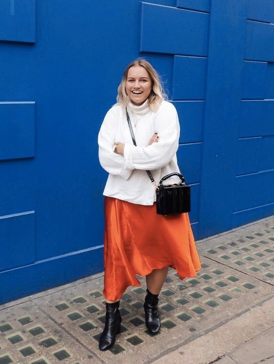 Ribbed Knit Turtleneck with Vibrant Orange Satin Midi Skirt Ribbed Knit Turtleneck with Vibrant Orange Satin Midi Skirt — Winter Photoshoot Outfits
