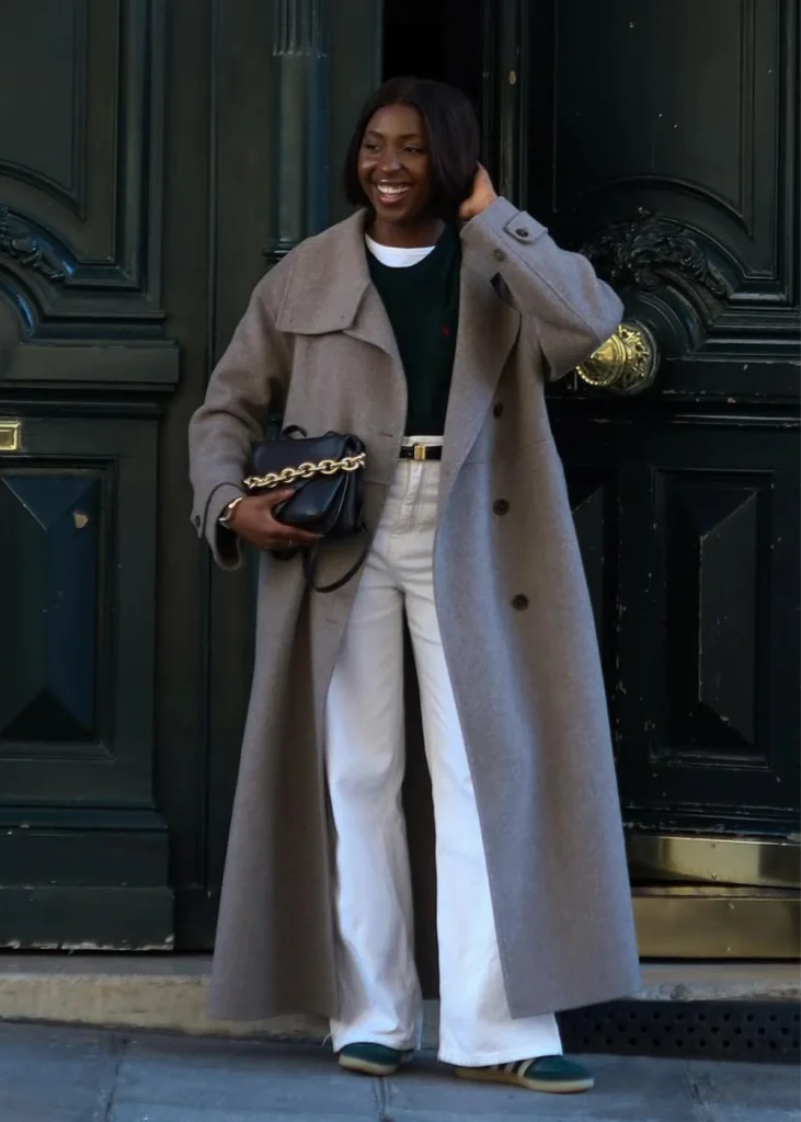 Oversized Grey Wool Coat with Wide-Leg White Pants Oversized Grey Wool Coat with Wide-Leg White Pants — Winter Photoshoot Outfits