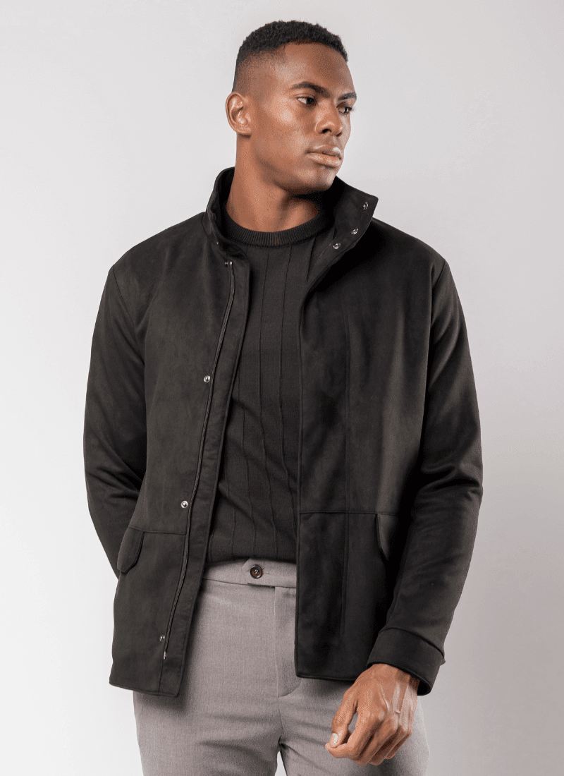Black Suede Jacket for Understated Casual Style — Winter Outfits for Men