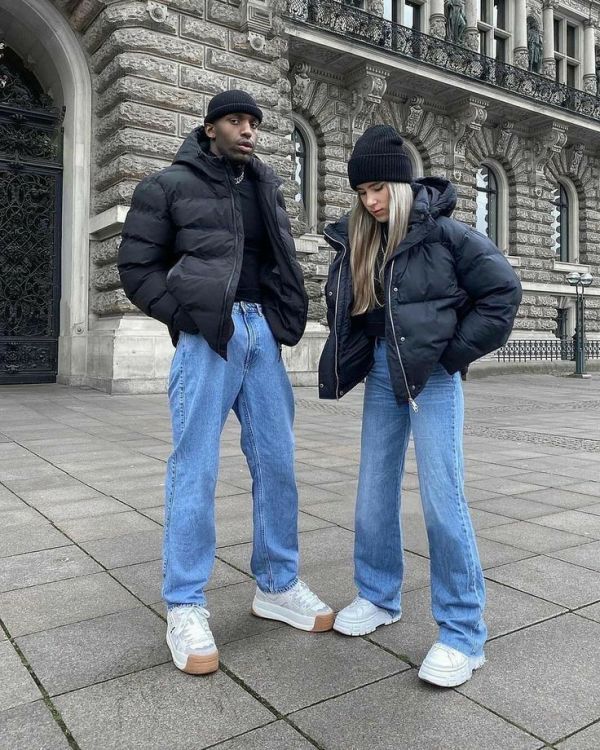 Monochromatic Cool: Matching Black Puffer Jackets and Denim for a Sleek Family Look — Winter Family Photo Outfits
