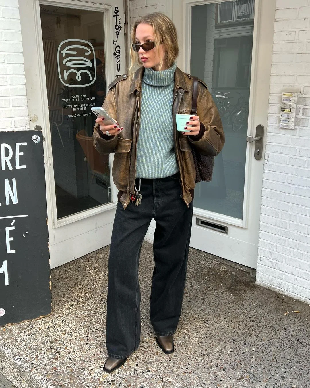 Leather Bomber Jacket with Ribbed Sweater and Wide-Leg Jeans — Old Money Winter Outfits