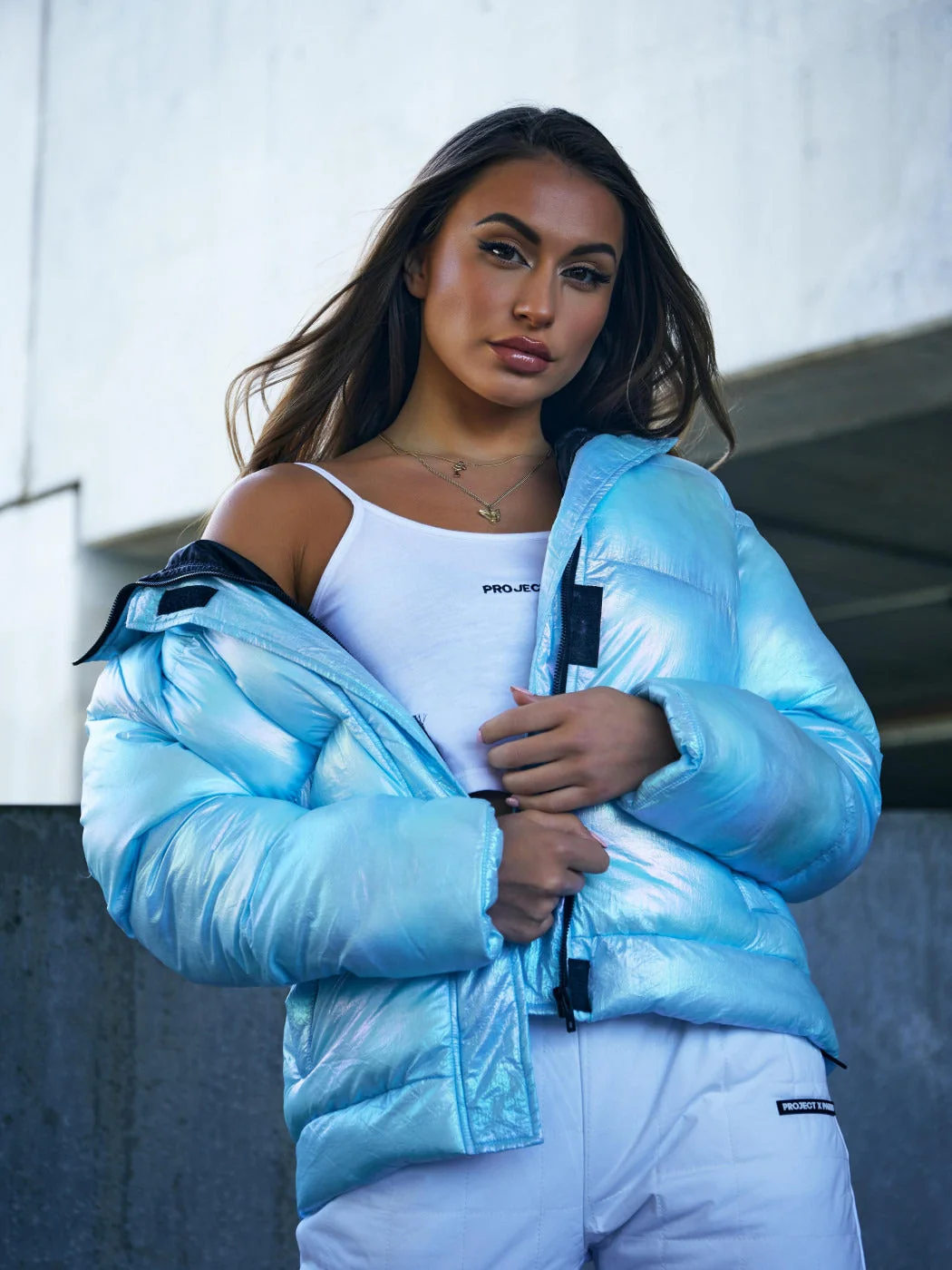 Iridescent Blue Puffer Jacket Iridescent Blue Puffer Jacket — Winter Streetwear Outfits