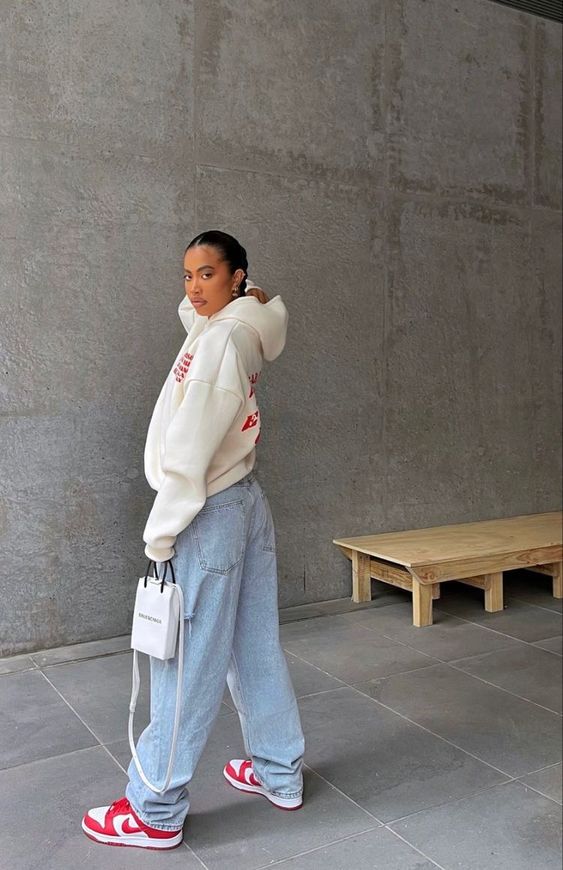 Cream Hoodie with Wide-Leg Jeans and Red Sneakers Cream Hoodie with Wide-Leg Jeans and Red Sneakers — Winter Streetwear Outfits