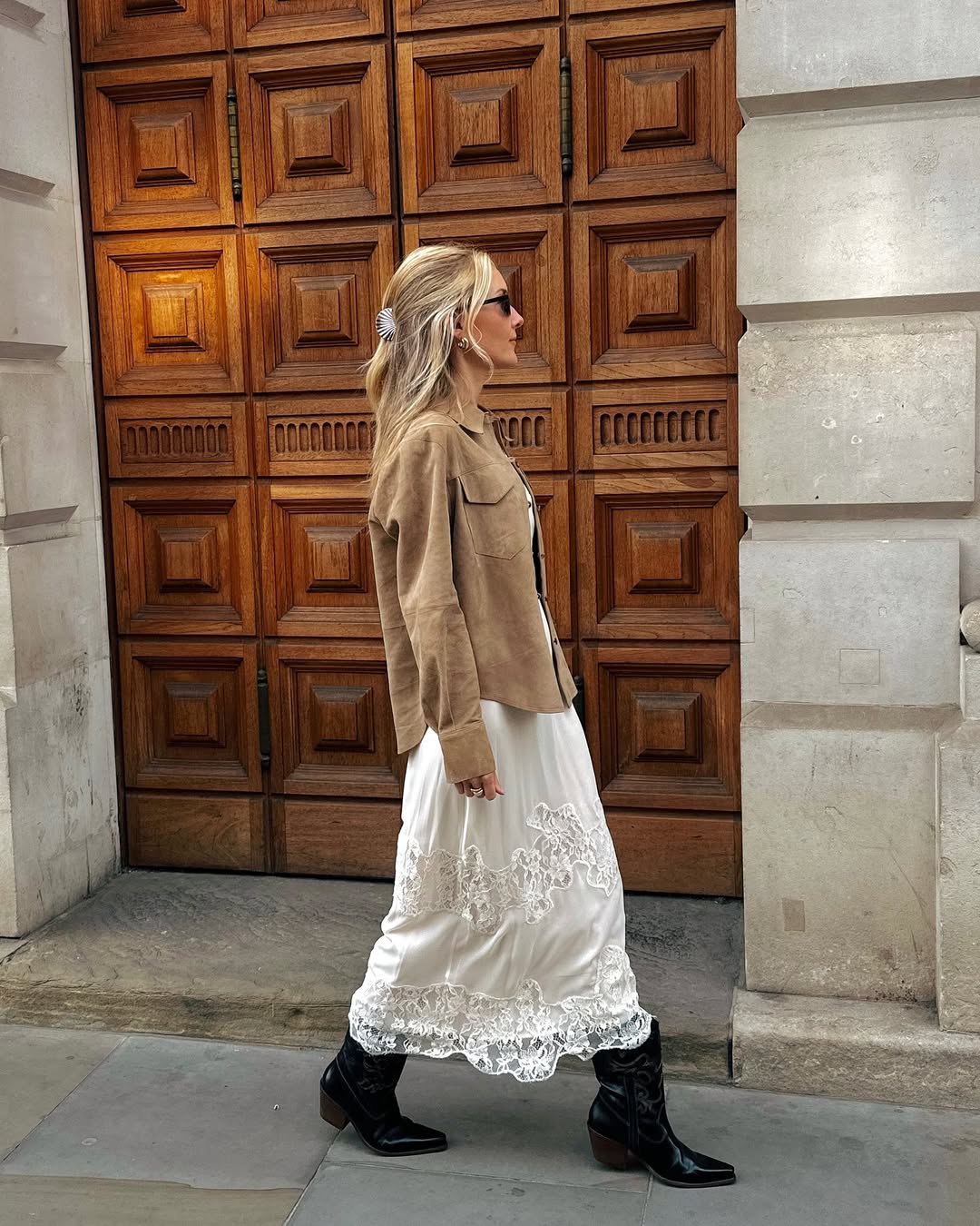 Lace Slip Dress with Suede Jacket and Cowboy Boots — Boho Winter Outfits