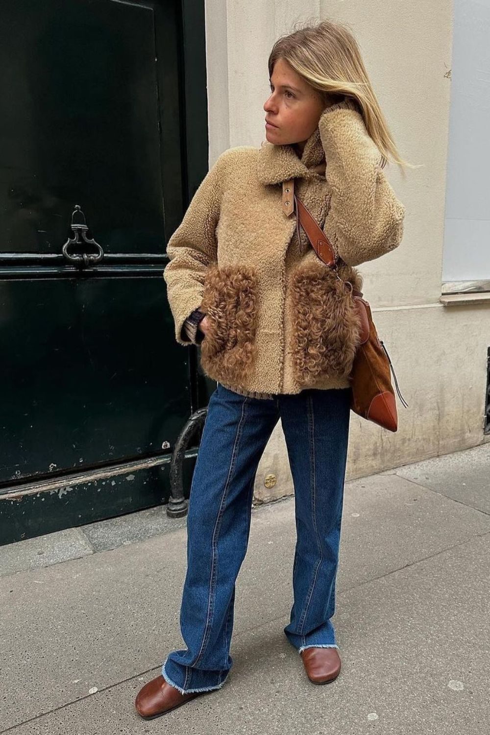 Oversized Shearling Jacket with Denim and Clogs — Boho Winter Outfits