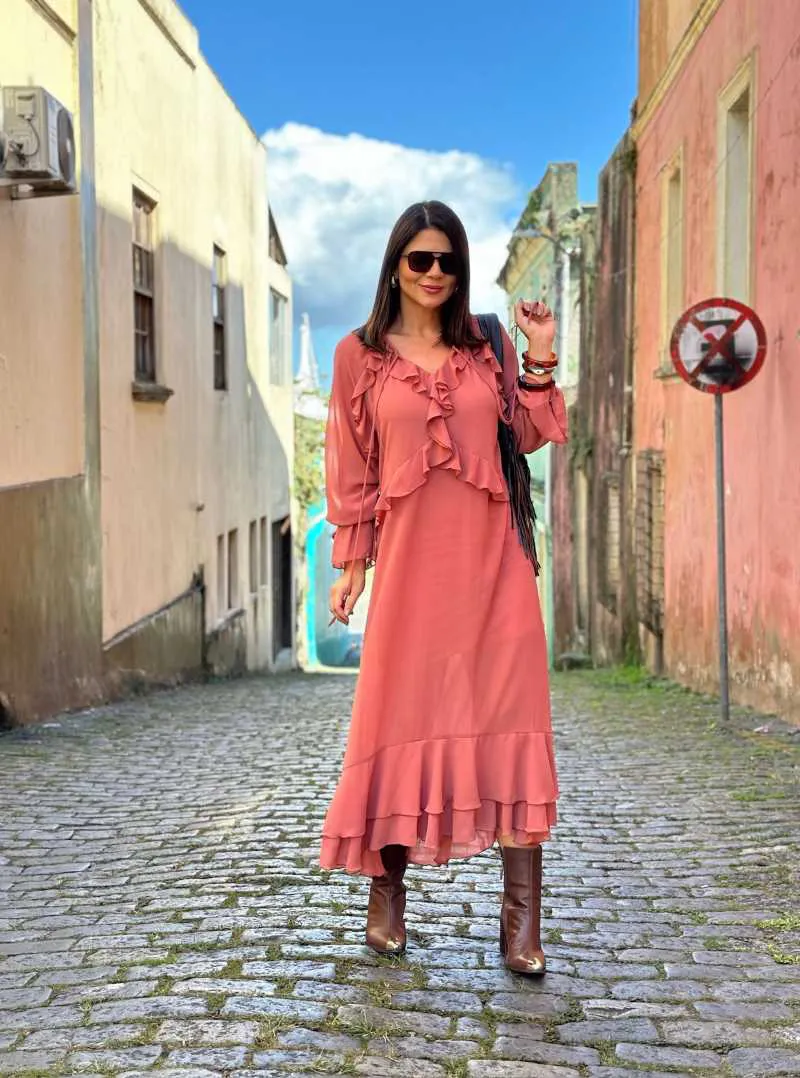 Ruffled Chiffon Dress with Leather Boots and Fringe Bag — Boho Winter Outfits