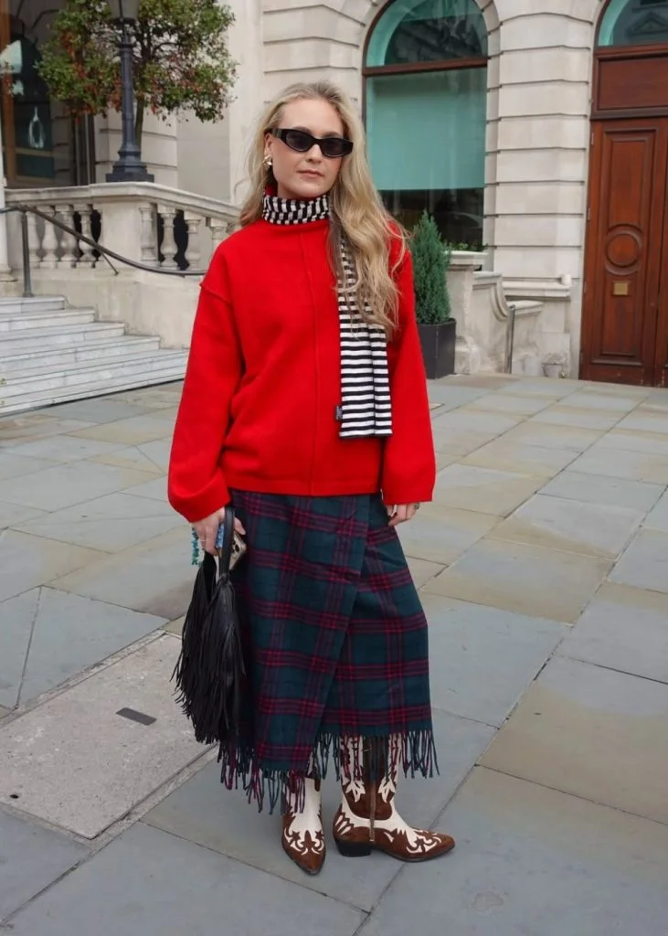 Red Turtleneck and Plaid Fringe Skirt Combination — Western Winter Outfits