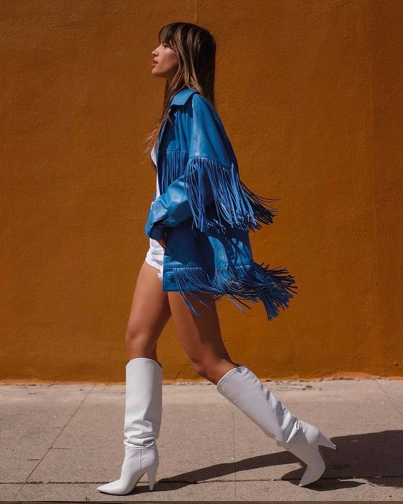 Bold Blue Fringed Leather Jacket with White Accents — Western Winter Outfits