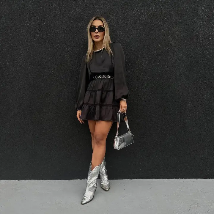Tiered Mini Dress with Sparkling Silver Cowboy Boots — Western Winter Outfits
