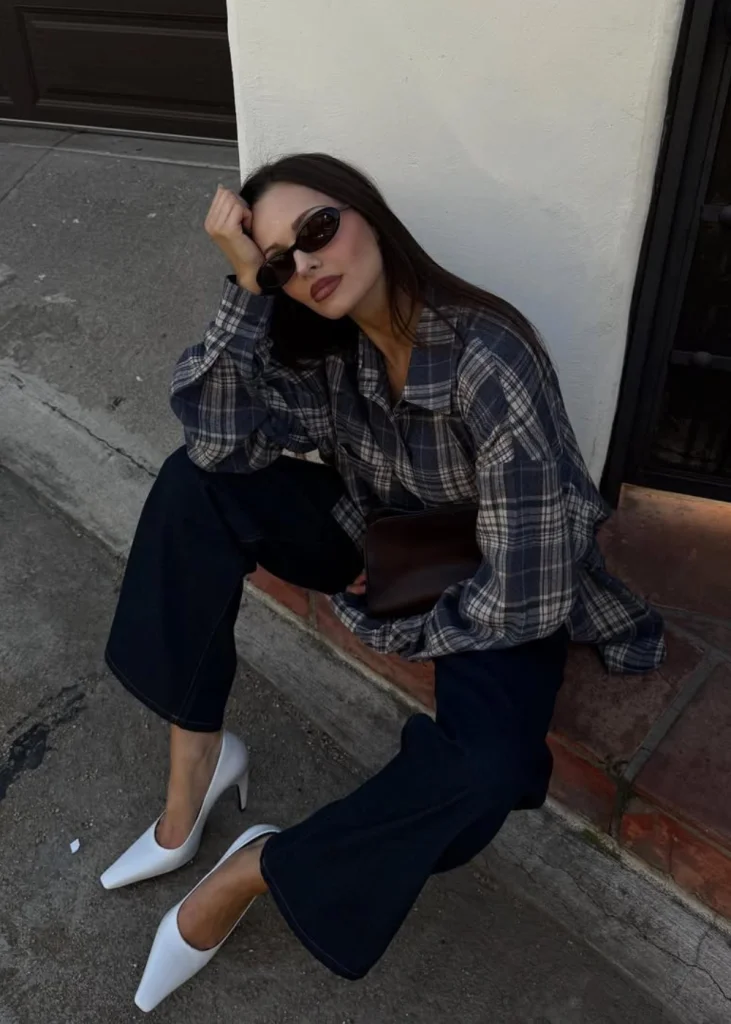 Plaid Flannel Overshirt with Wide-Leg Trousers — Modest Winter Outfits