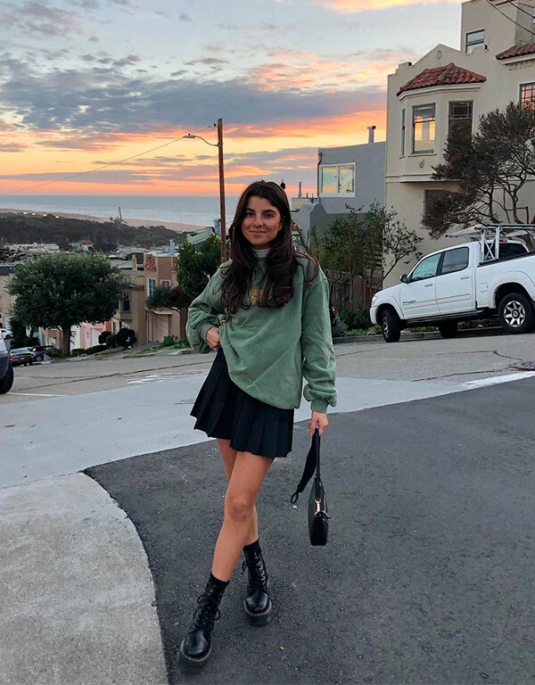 Green Sweatshirt with Pleated Mini Skirt — Modest Winter Outfits