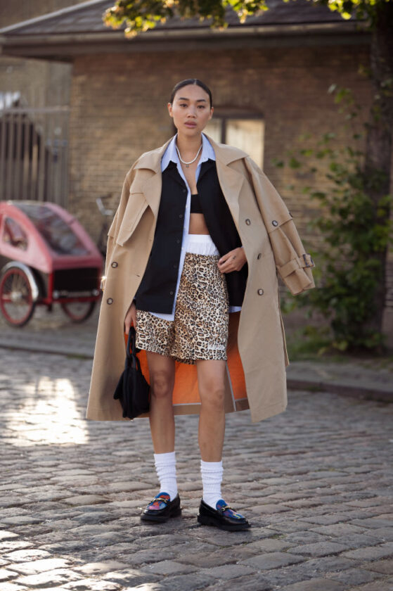 Unexpected Mix: Trench Coat with Leopard Shorts — Scandinavian Winter Outfits