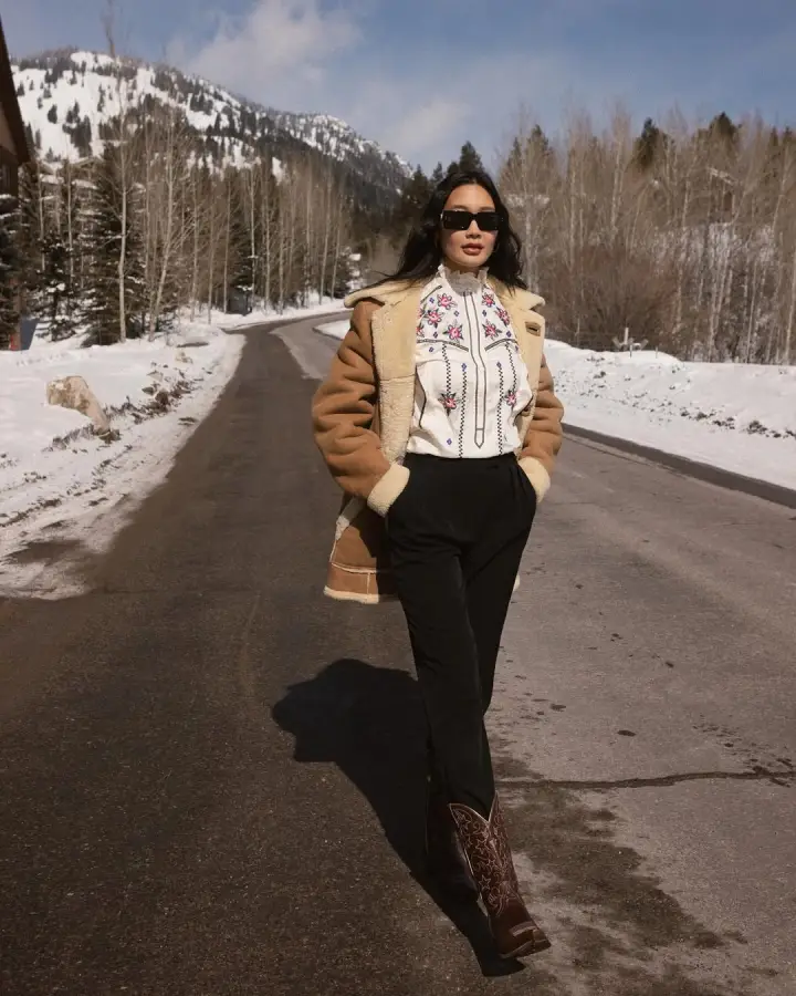 Shearling-Lined Coat Over Embroidered Shirt — Western Winter Outfits