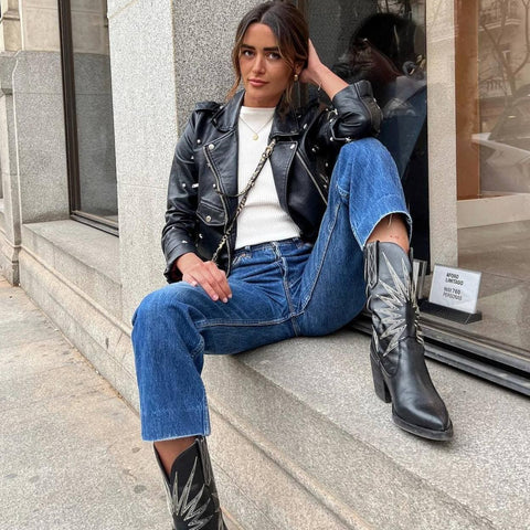 Studded Moto Jacket with Cowboy Boots — Western Winter Outfits