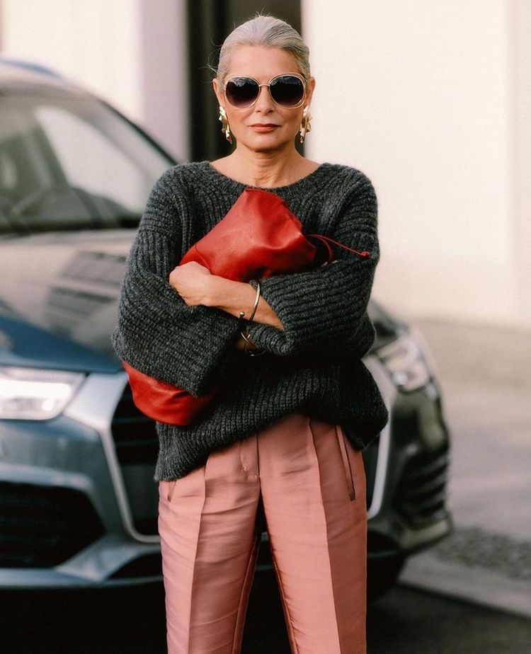 Dusty Rose Satin Trousers with Knit Sweater — Modest Winter Outfits