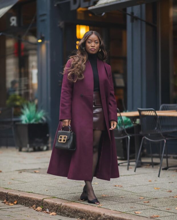 Burgundy Longline Coat with Faux Leather Skirt — Modest Winter Outfits