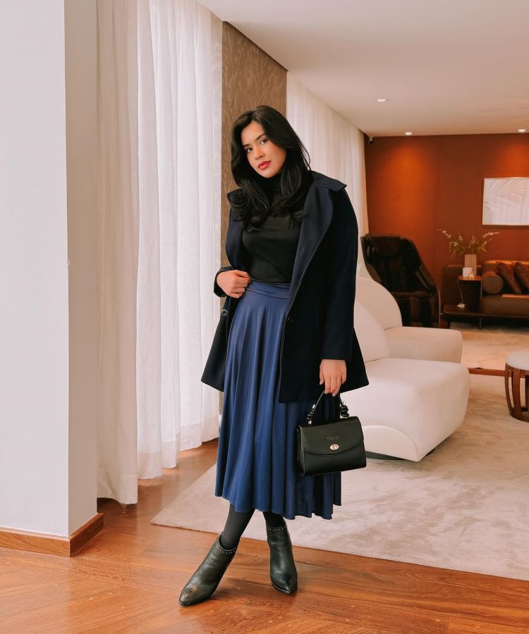 Navy Coat and Midi Skirt Combination — Modest Winter Outfits
