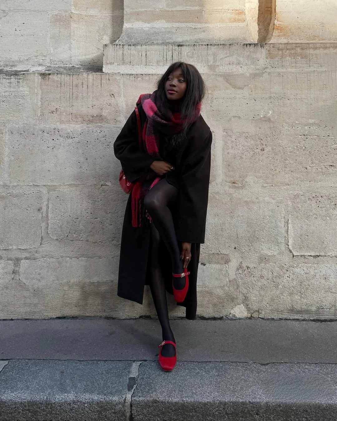 Black Coat Dress with Red Mary Janes — Modest Winter Outfits