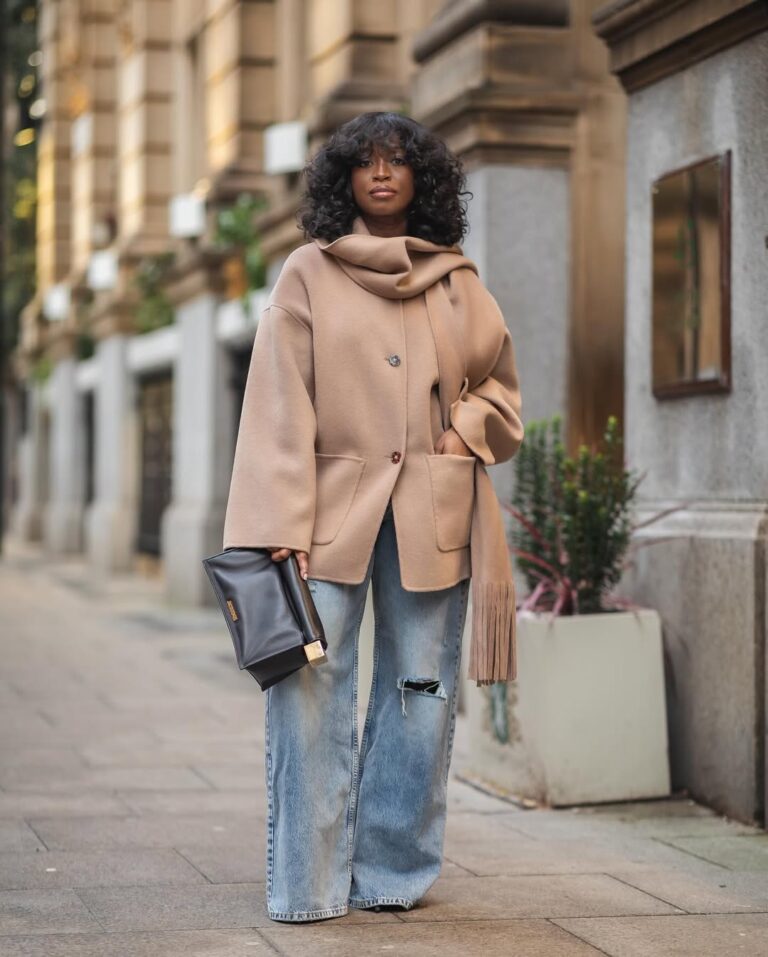 Cream Wool Coat with Oversized Scarf — Modest Winter Outfits