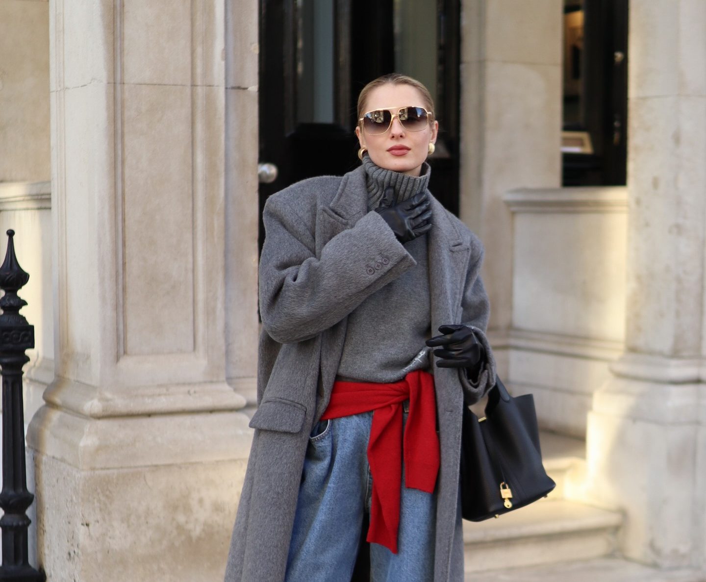 Grey Wool Coat with Red Sash Accent — Modest Winter Outfits
