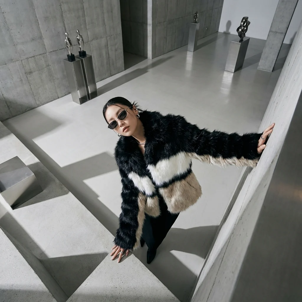 Bold Striped Faux Fur Jacket with Sleek Trousers and Boots — Korean Winter Outfits