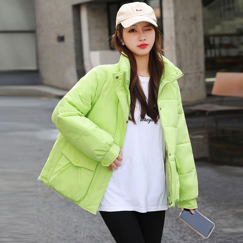 Bright Lime Green Puffer Jacket with Text T-Shirt and Leggings — Korean Winter Outfits