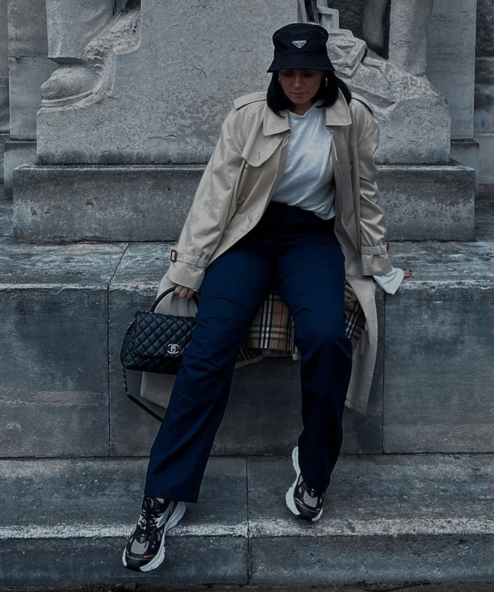 Casual Chic with a Plaid-Lined Trench and Athletic Sneakers — Winter Athleisure Outfits