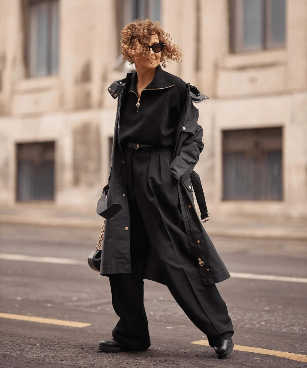 Statement Long Coat Over Monochromatic Black Athleisure — Winter Athleisure Outfits
