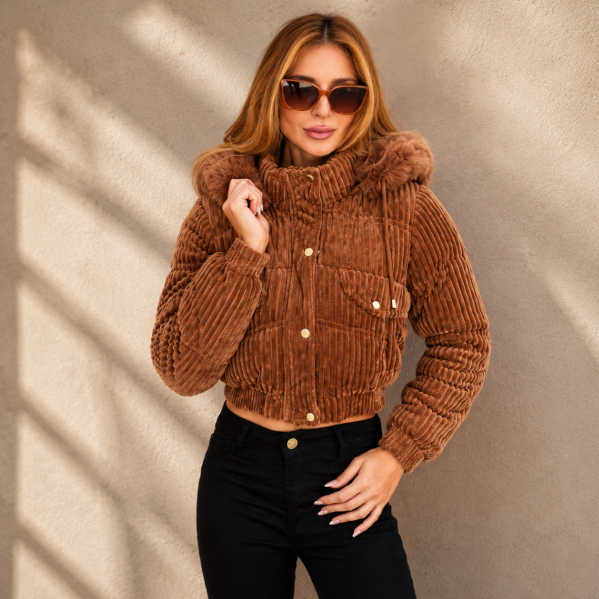Cropped Corduroy Puffer with Faux Fur Trim — Winter Jackets for Women