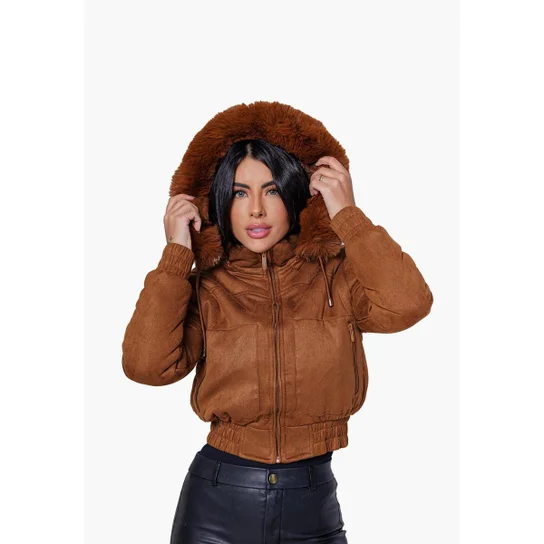 Warm Brown Suede Jacket with Fur Hood — Winter Jackets for Women