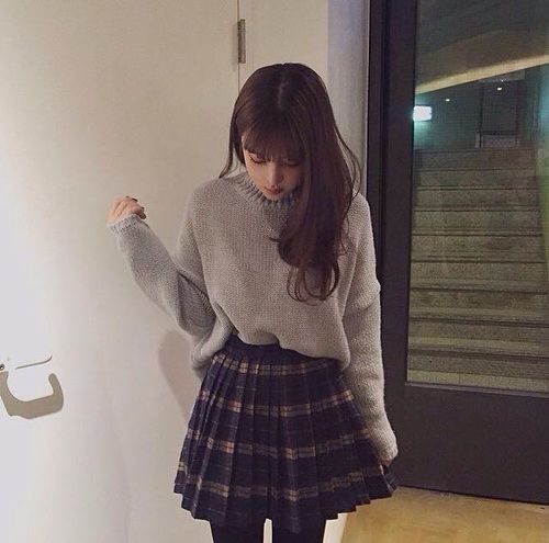 Oversized Knit Sweater with Plaid Mini Skirt and Tights — Korean Winter Outfits