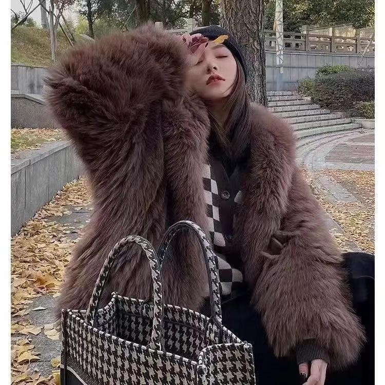 Oversized Brown Faux Fur Coat with Checkered Cardigan — Korean Winter Outfits
