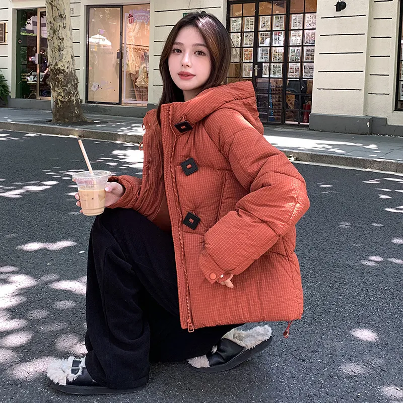 Cropped Orange Quilted Puffer Jacket with Black Trousers — Korean Winter Outfits