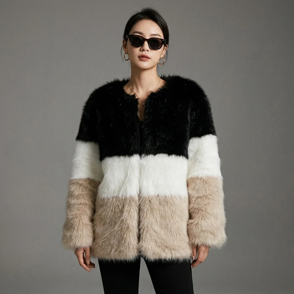 Color-Blocked Faux Fur Coat for Chic Streetwear — Korean Winter Outfits