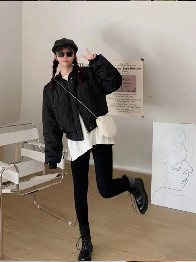 Black Quilted Bomber Jacket with Leggings and Cap — Korean Winter Outfits